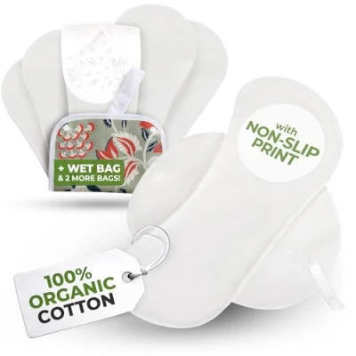 Image of Incontinence Reusable Sanitary Pads, 6 Pack; Maxi; Organic Cotton; Dancing Clouds; White Wings
