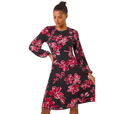 Image of Roman Originals Women Gathered Chest Dress Ladies Stretchy Fit &amp; Flare Swing Tea A Line Skater Knee Length Midi Smart Casual Work Round Neck Going Out Cocktail Party Red Onyx Size 18