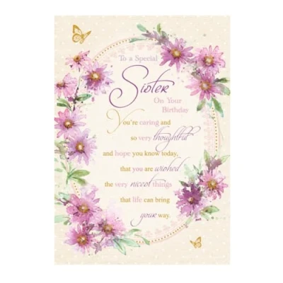 Image of Artistic Words n Wishes Sister Birthday Card Traditional Pretty Floral Wreath and Loving Verse Finished with Attractive Gold Foil Greeting For Her (WW K207)
