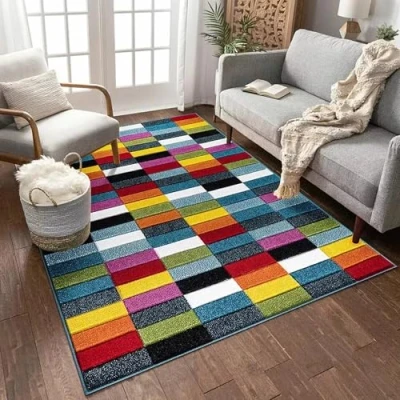 Image of swift New Bright Multicolour Rug, Heat Set Thick Polypropylene Multi Design Carpet, Comfy Geometric Pattern Mat for Floor, Bedroom, Living Room, Indoor Area, CBS, 60 x 110 cm