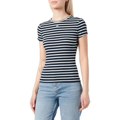 Image of TOMMY JEANS TJW Slim Essential Rib SS EXT S/S T Shirt Women&#039;s, Blue (Dark Night Navy/Stripe), XXS