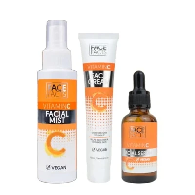 Image of Face Facts Vitamin C Facial Care Set Trio Vegan Brightening Serum for Face, Mist, and Cream Kit Brighten Skin