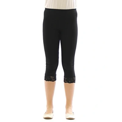 Image of YESET Girl Kids Leggings Trousers Capri 3/4 Short with Lace Cotton Black, 116 cm