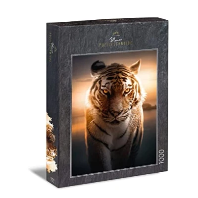 Image of Ulmer Puzzleschmiede Puzzle &quot;Eyes of the Night&quot; Classic 1000 Pieces Tiger Eyes Predatory Cat Glow Luminous at Night Intense Adult Made in Germany