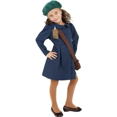 Image of Smiffys World War II Evacuee Girl Costume, Blue with Dress, Hat &amp; Bag, Girls Fancy 1940s Dress Up Costumes