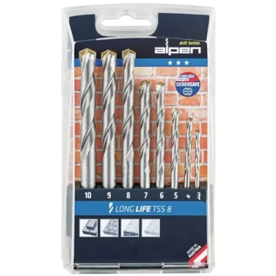 Image of Alpine Carbide Masonry Drill Bit High quality long life, DIN ISO 5468 Diameter 3 10 x 1 mm as an 8 part set in plastic case, 700108100