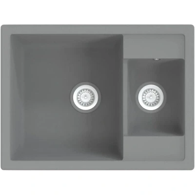 Image of vidaXL Double Basin Kitchen Sink with Overflow Hole Modern Grey Granite Extra Deep and Small Basins, Heat Scratch Resistant