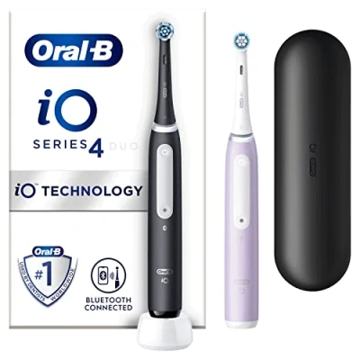 Image of Oral B iO4 2x Electric Toothbrushes For Adults, 2 Toothbrush Heads, Travel Case, 4 Modes With Teeth Whitening, Pin UK Plug, Black &amp; Lavender