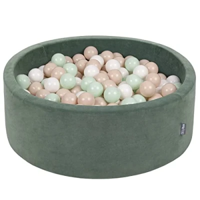 Image of KiddyMoon Soft Ball Pit Round 90X30cm/200 Balls ∅ 7Cm / 2.75In For Kids, Foam Velvet Pool Baby Playballs, Made In EU, Forest Green:Pastel Beige/White/Mint