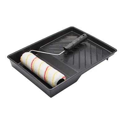 Image of Fit for The Job 3 piece 9 inch Paint Roller Set DIY Painting with Emulsion Paints on Walls &amp; Ceilings Medium Pile Sleeve Smooth Semi Surfaces, Frame Tray, 9&quot;