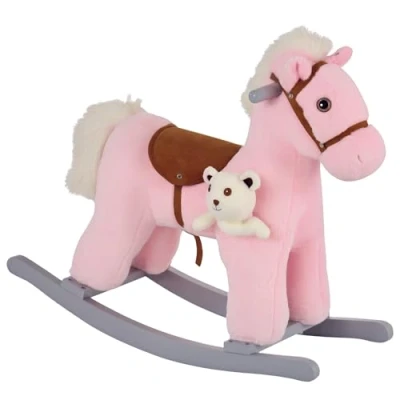 Image of HOMCOM Kids Plush Ride On Rocking Horse Toy Rocker with Realistic Sounds for Child 18 36 Months Pink
