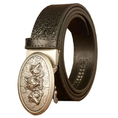 Image of Belts for Men Ratchet, Mens Cowboy Western Leather Belt with Wolf Head Alloy Buckle Crocodile Embossed belt,Black B,120CM/47.3&#039;&#039;