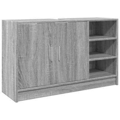 Image of vidaXL Sink Cabinet Grey Sonoma, Engineered Wood Ample Storage with 2 Doors and 3 Open Compartments, Bathroom Organizer Size 90x29x55 cm