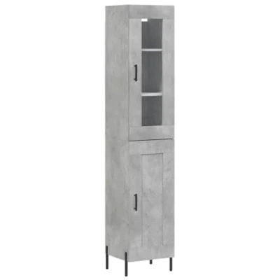 Image of vidaXL Concrete Grey Highboard, Modern Engineered Wood Storage Unit with Metal Feet, 34.5x34x180 cm, for Living Room or Lounge