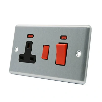 Image of AET CSCCC2NBL Satin Chrome Classical Control Unit w Black Insert 2 Gang 45A Cooker 13A Switched Plug Socket and Neon Indicators, 240 V