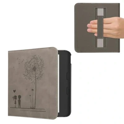 Image of kwmobile Case Compatible with Kobo Libra Colour Faux Nubuck Leather Dandelion Love Grey