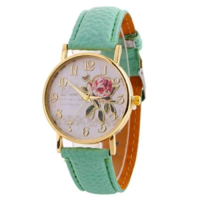 Image of HshDUti Women&#039;s Fashion Rose Flower Printed Round Dial Faux Leather Strap Quartz Analog Wrist Watch Ladies Watches Girls Christmas Birthday Gifts Light Blue
