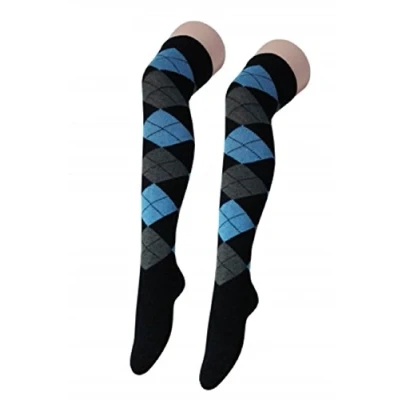 Image of Argyle Over The Knee Socks Ladies Thigh High Diamond Check Pattern Golf 4 6 (Black with Blue &amp; Grey)