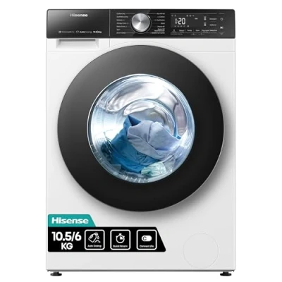 Image of Hisense 5S Series WD5S1045BW 60cm Freestanding 10.5/6 KG Front Load Inverter Washer Dryer with Auto Dose WiFi Enabled Steam Wash 19 Programs 1400 RPM White Energy Rating A/D