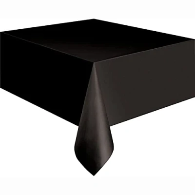 Image of Solid Black Short Fold Rectangular Plastic Table Cover (137cm x 274cm) 1 Count Elegant &amp; Durable Tablecloth for Parties, Events, and Home Use