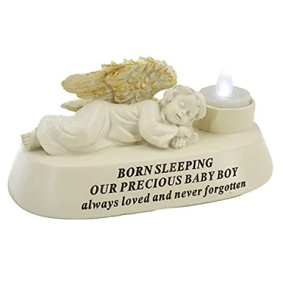 Image of Born Sleeping Baby Boy Angel with Tealight Memorial Graveside Ornament