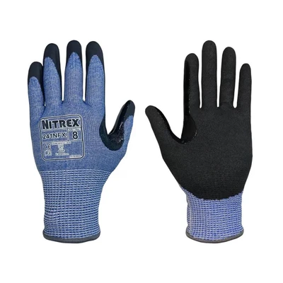 Image of NITREX Unigloves 10 Pairs General Handling High Level Cut Resistant Gloves with Sandy Nitrile Palm Coating, Featuring NitreGuard Technology and NitreGrip in Black/Blue