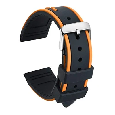 Image of ULLCHRO Silicone Watch Strap Replacement Rubber Band Waterproof Bicolor Men Women 20, 22, 24mm Bracelet with Brushed Stainless Steel Buckle Silver (24mm, Black &amp; Orange)