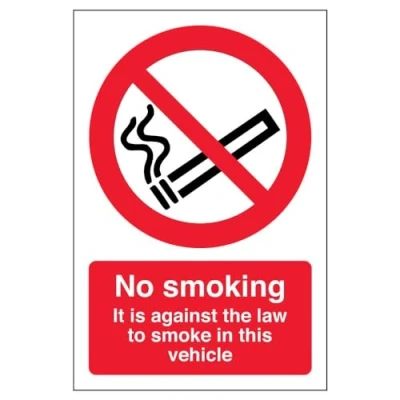 Image of V Safety No Smoking/Against The Law In This Vehicle Prohibition Sign 100mm x 150mm Self Adhesive Vinyl