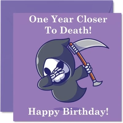 Image of Funny Birthday Cards for Women Men Dab Cartoon Grim Reaper Rude Happy Card Mum Dad Brother Sister Son Daughter Nan Grandad, 145mm x Joke Humour Banter Greeting