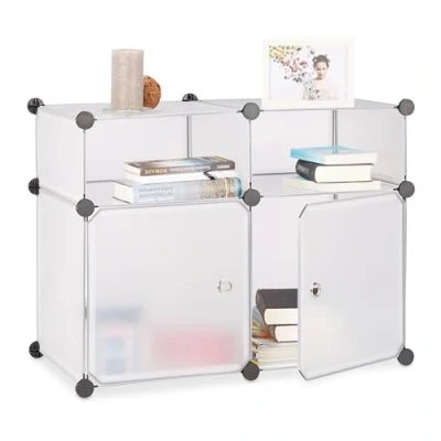 Image of Relaxdays Shelving System 4 Compartments, Plastic Modular Shelf with Doors, Shoe Cabinet, 56 x 75 37 cm, Transparent