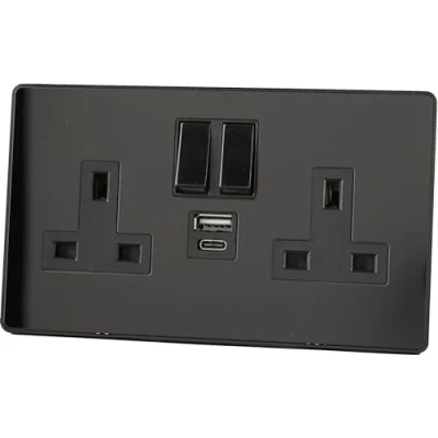Image of Glass Screwless 13A 2Gang Switched USB Socket 20W PD3.0 Type A + C BLACK
