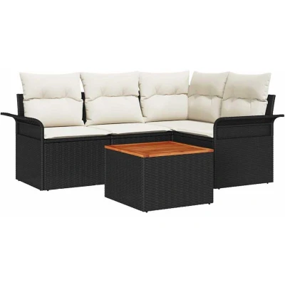 Image of vidaXL 5 Piece Garden Sofa Set with Cushions Black Poly Rattan Acacia
