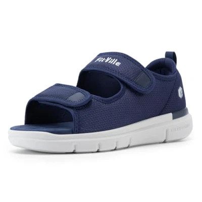 Image of FitVille Men&#039;s Diabetic Sandals Extra Wide Edema Shoes with Adjustable Strap Width Slippers for Swollen Feet 9.5 UK Navy Blue
