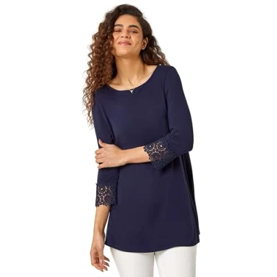 Image of Roman Originals Floral Soft Stretch Jersey Top for Women UK Ladies Everyday Autumn Winter Round Neckline Comfy Evening Vacation Work Party Night Out Navy Size 20