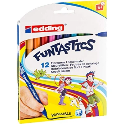 Image of edding 15 FUNTASTICS colouring pens for children set of 12 bright colours 1 mm thin nib fun on light coloured paper and card washable from skin textiles