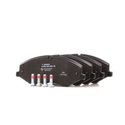 Image of BP1330, E990R019042730 Brake pad set BOSCH 0 986 494 408 Low Metallic with anti squeak plate, bolts/screws accessories