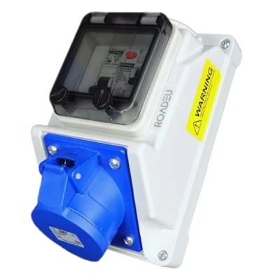 Image of RoadEu 32Amp Socket 3P 230V Wall Outlet with 32 amp Circuit Breaker and RCD, Monophase Power Distribution Box Waterproof IP54