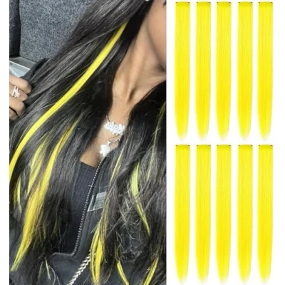 Image of IAMERUI Multicolors Party Highlights Straight Hair Colorful Clip in Synthetic Extensions Multi Colors Heat Resistant Long Hairpiece 9 Pieces (Yellow)