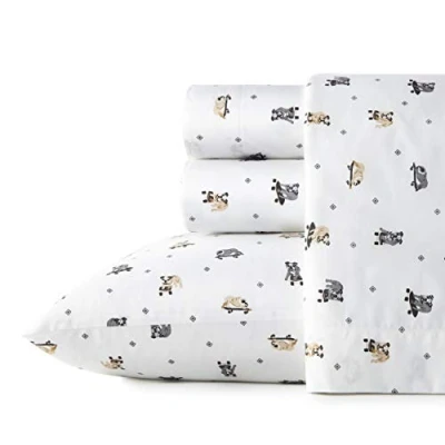 Image of Poppy &amp; Fritz Sheet Set 100, Crisp Cool, Lightweight Moisture Wicking Bedding, Percale 100% Cotton, Skateboarding Bulldogs Grey/Beige/White, Twin
