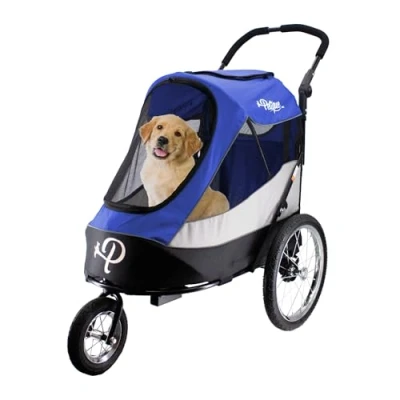 Image of Petique Large Dog Pram Stroller Pushchair Pet Buggy 3 Wheels Ventilated Safety Belt Travel Carriage Trolley for Large/Medium Dogs and Cats UK (Blue)