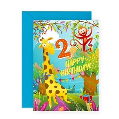 Image of Central 23 Second Birthday Card for Boys &#039;Giraffe &amp; Monkey 2nd Birthday&#039; Two Years Old Happy Greeting Kids Son Toddler Comes With Stickers
