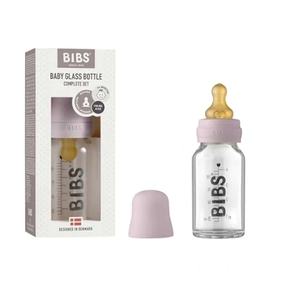 Image of BIBS Baby Glass Bottle. Anti Colic. Round Natural Rubber Latex Nipple. Supports Breastfeeding, 110 ml, Dusky Lilac