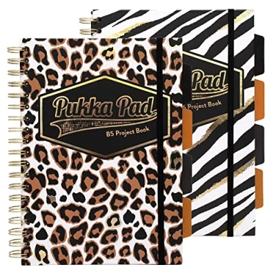 Image of Pukka Pad, Wild B5 Hardback Project Book Pack of 2 Wirebound Notebooks with Zebra and Leopard Print Design Includes 4 Repositionable Dividers Elasticated Closure