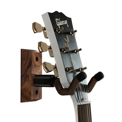 Image of String Swing Guitar Hanger Holder for Electric Acoustic and Bass Guitars Stand Accessories Home or Studio Wall Musical Instruments Safe without Hard Cases Black Walnut Hardwood CC01K BW