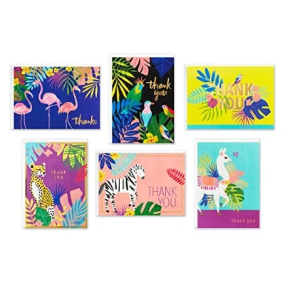 Image of Hallmark Thank You Cards Assortment, Tropical Animals (24 Assorted Notes with Envelopes—Cheetahs, Llamas, Zebras, Flamingos, Birds)