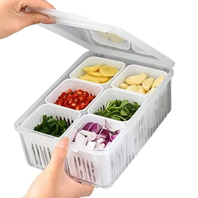 Image of Dirfuny Fridge Food Storage Containers with Lids Airtight Refrigerator Fresh Box 6 Detachable Drain Basket Vegetables Sealed Keeper for Ginger Garlic Onion