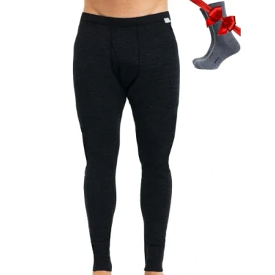 Image of Merino Wool Base Layer Men Leggings Pants 100% Thermal Underwear Long Johns Lighweight + Socks (Small, 165 Heathered Black)