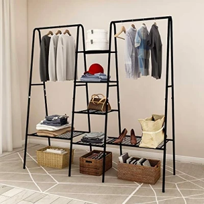 Image of BOFENG Clothes rail Metal garment Rack Heavy Duty Indoor Bedroom Clothing Hanger With Top Rod and Lower Storage Shelf coat Black rails