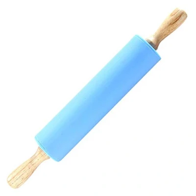 Image of Kitchen Silicone Rolling Pin, Fdit Large Non Stick Wooden Pin for Rotating Dough Baking Tool (Blue)