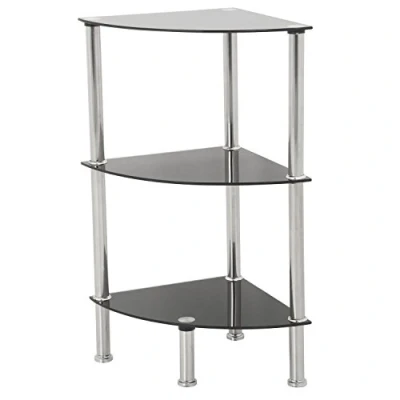 Image of mahara Black Glass 3 Tier Modern Organisation Rack, Corner Shelving Shelf Unit, Width 30cm x 30cm, Max Weight per 5kg for Living Rooms, Kitchen, Garage, etc